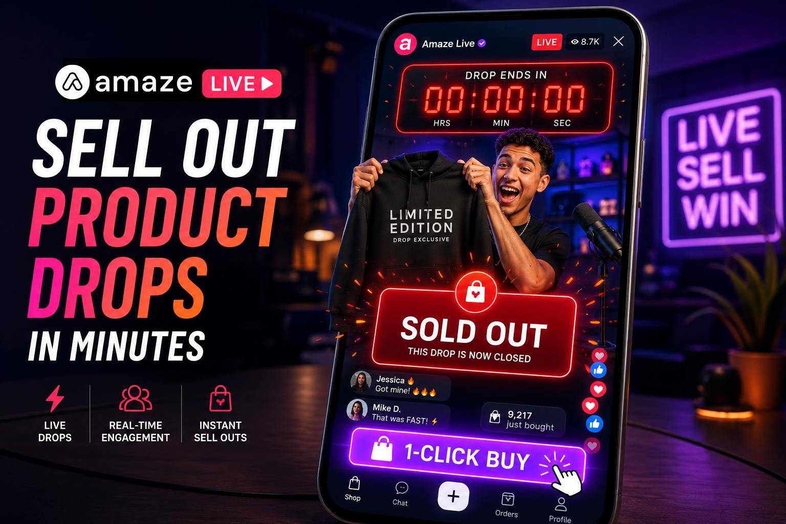 A smartphone displaying an Amaze Live broadcast where a creator sells out a limited edition hoodie, featuring a countdown timer, active chat, and a frictionless 1-click buy button.